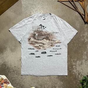 Vintage 90s Shipwrecks of The Great Lakes Tee Mens Large Grey Brown AOP Shirt
